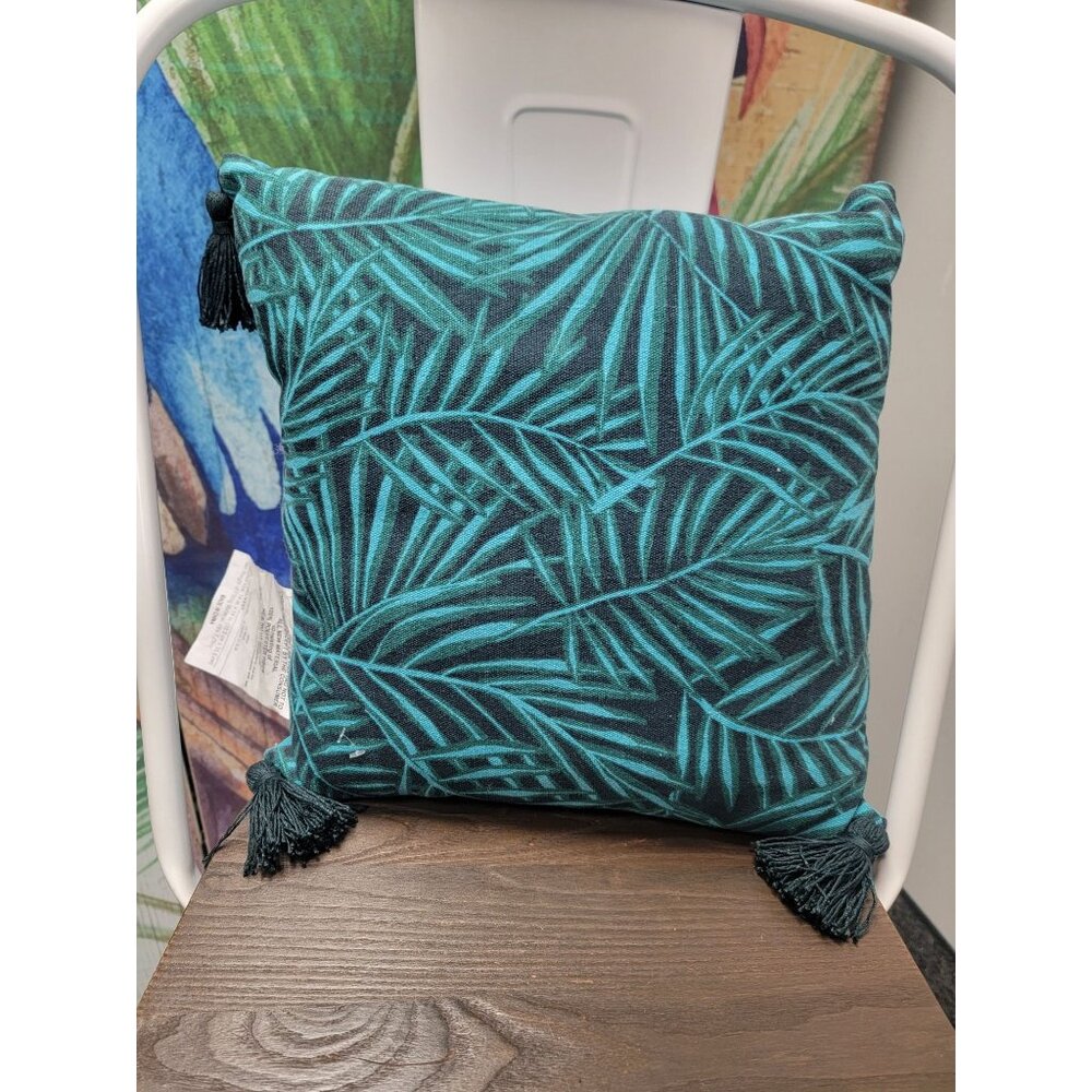 Decorative Throw Pillow With Teal Leaf Print & Tassels